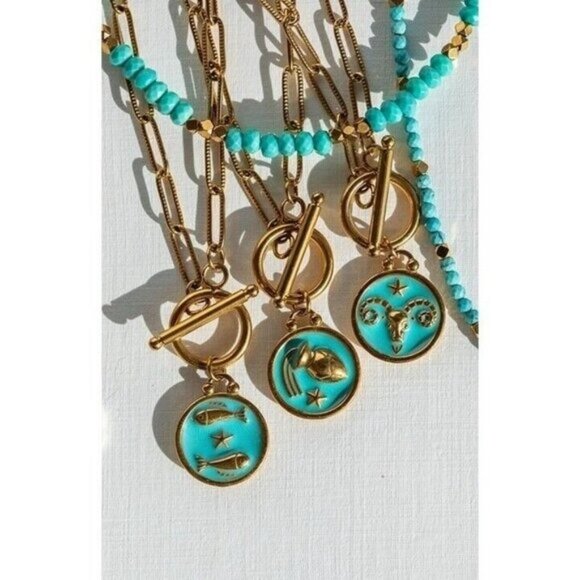 Zodiac Pendant Necklace Waterproof Gold Toggle Clasp Turquoise pendant Necklace - Picture 7 of 16